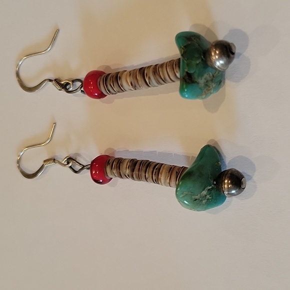 Hand Crafted Native American Jewelry - Natural shell Heishi beads and turquoise earrings w/ silver beads pierced